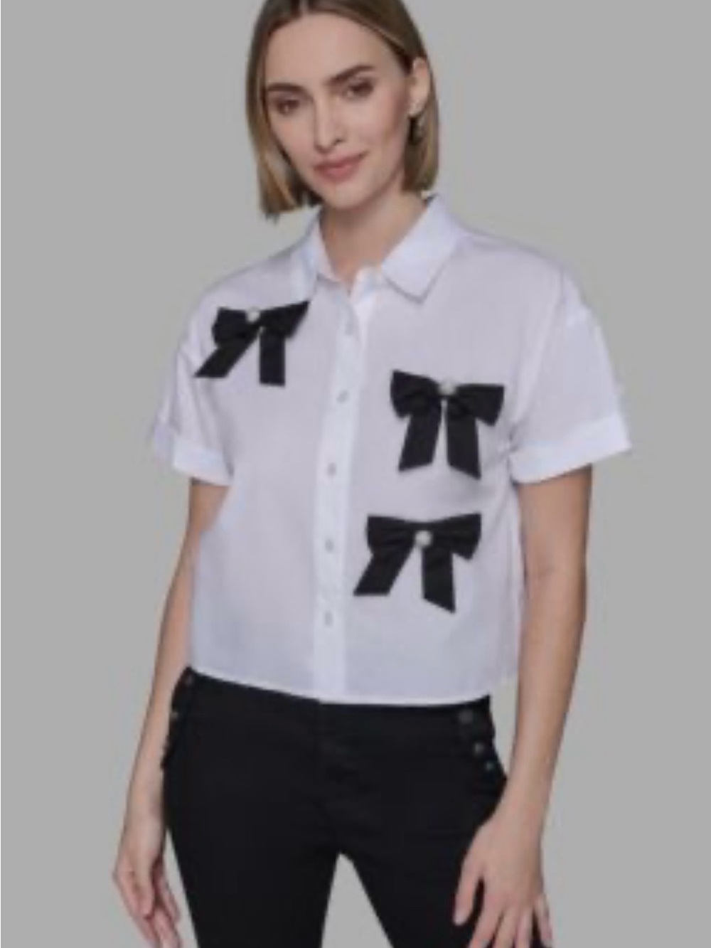 Karl Lagerfeld White Short-Sleeve Button Front Blouse with Black Bows